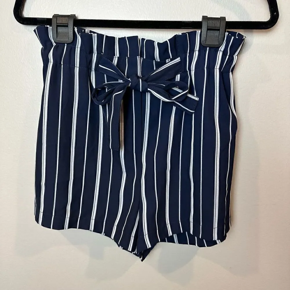 Forever 21 Navy & White Paperbag Belted Shorts